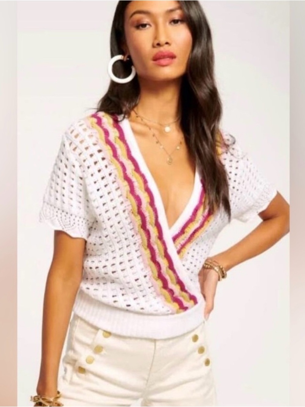 Ramy Brook‎ Women’s S Ivory Crochet Short Sleeve Sweater Crossover Knit